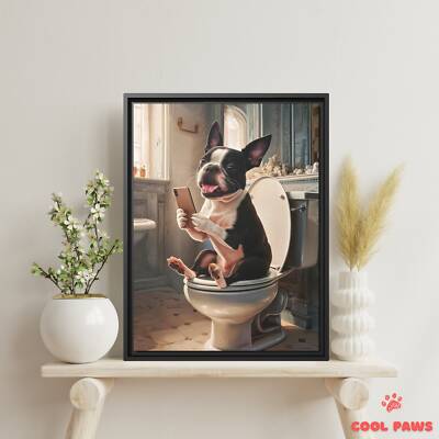 Boston Terrier on the Toilet with a Smartphone