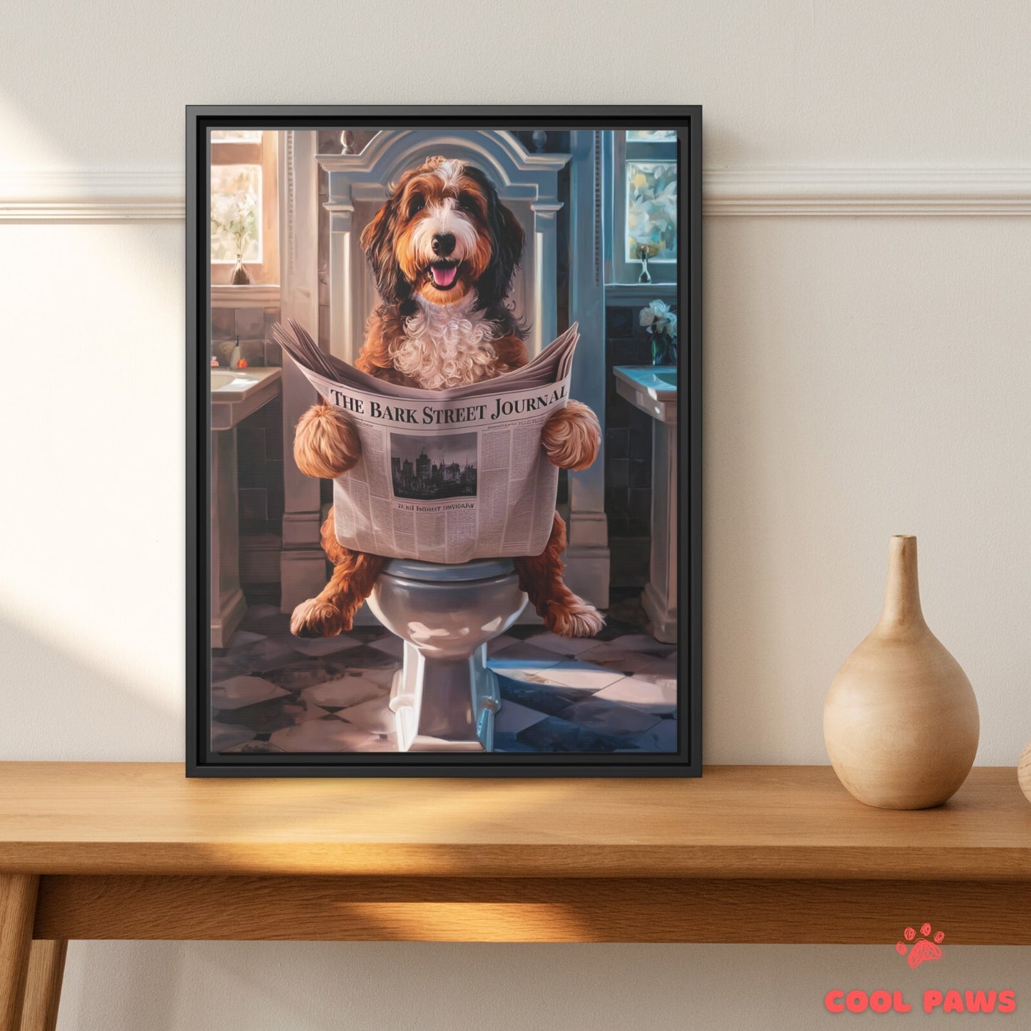 Bernedoodle Reading the Newspaper on the Toilet