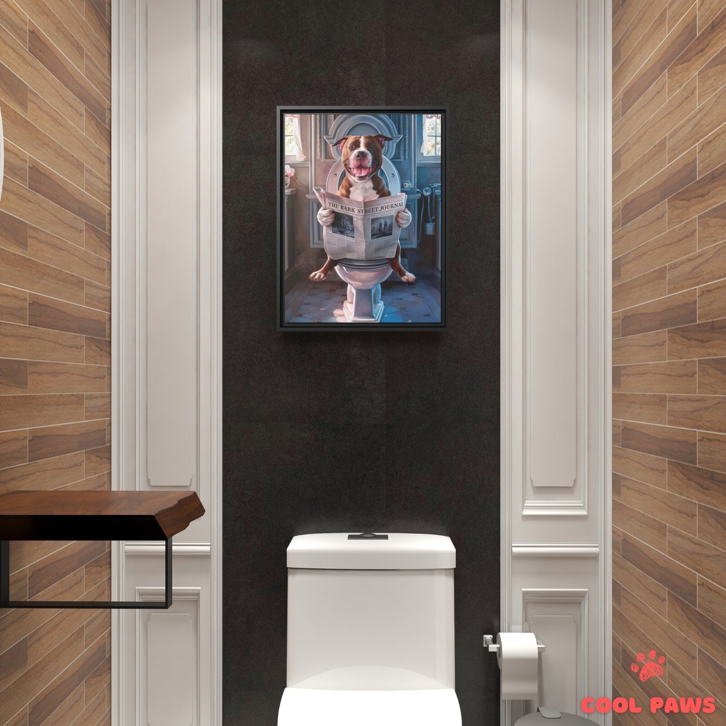 Pit Bull Reading the Newspaper on the Toilet