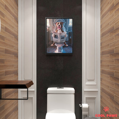 Pit Bull Reading the Newspaper on the Toilet