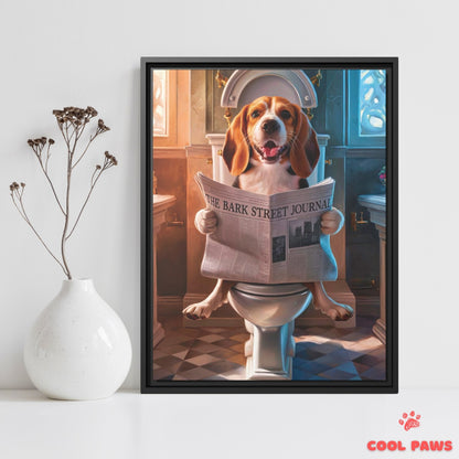 Beagle Reading the Newspaper on the Toilet