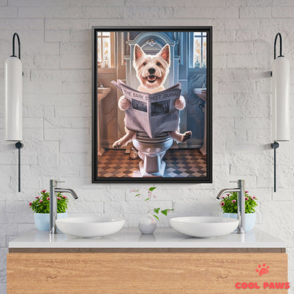 Westie Reading the Newspaper on the Toilet