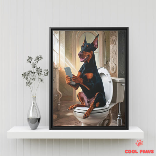Doberman on the Toilet with a Smartphone
