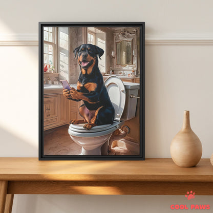 Rottweiler on the Toilet with a Smartphone