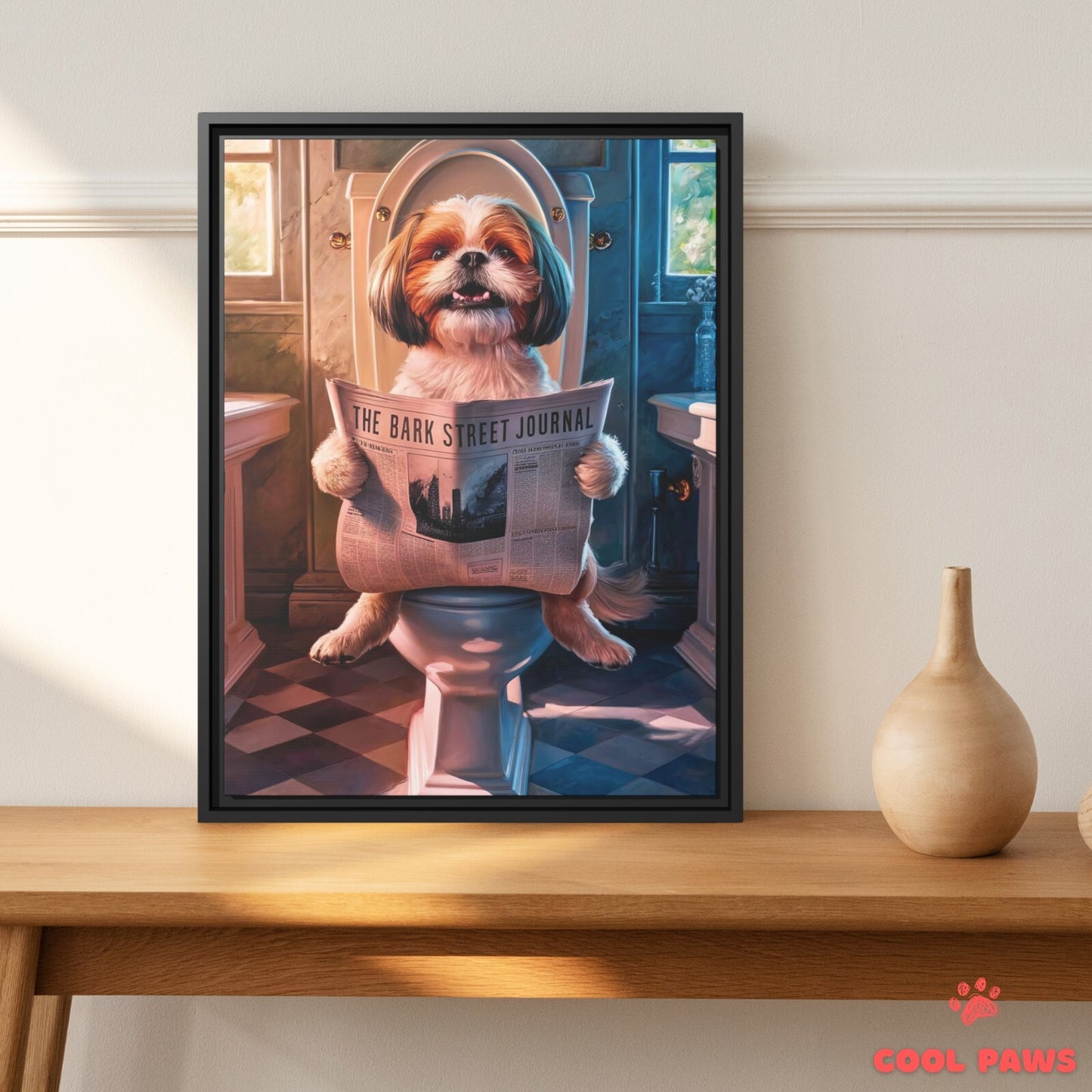 Shih Tzu Reading the Newspaper on the Toilet