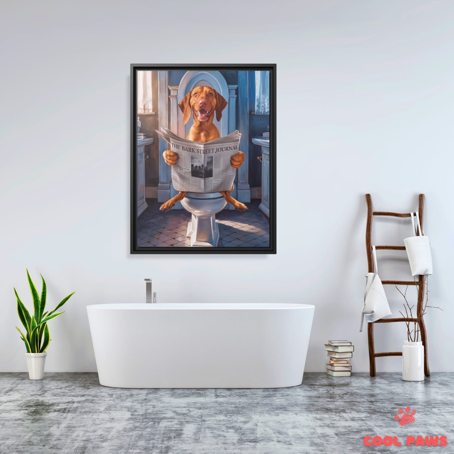 Vizsla Reading the Newspaper on the Toilet