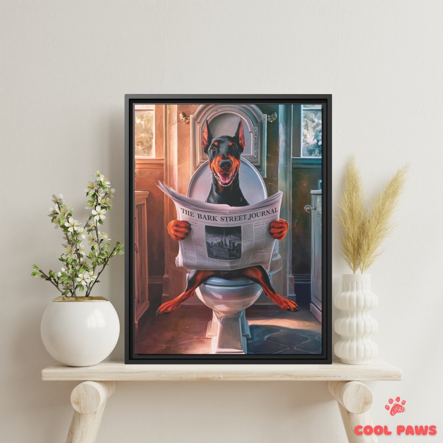 Doberman Reading the Newspaper on the Toilet