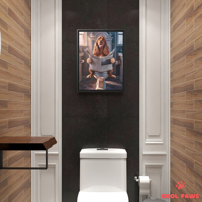 Cocker Spaniel Reading the Newspaper on the Toilet