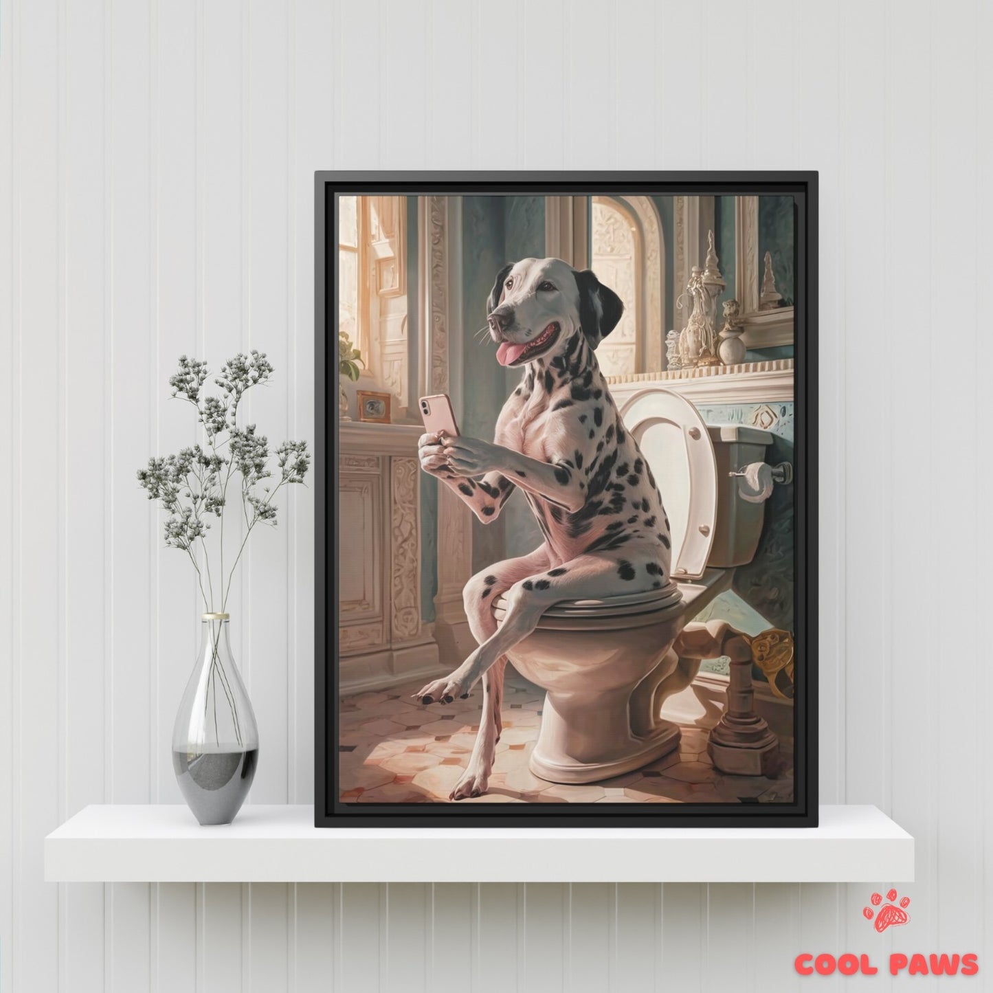 Dalmatian on the Toilet with a Smartphone