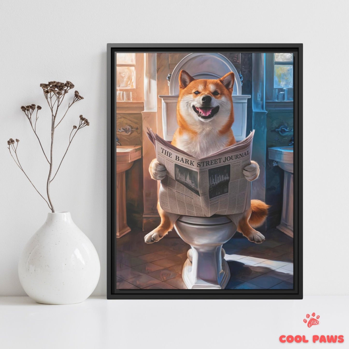 Shiba Inu Reading the Newspaper on the Toilet