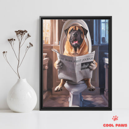 Mastiff Reading the Newspaper on the Toilet