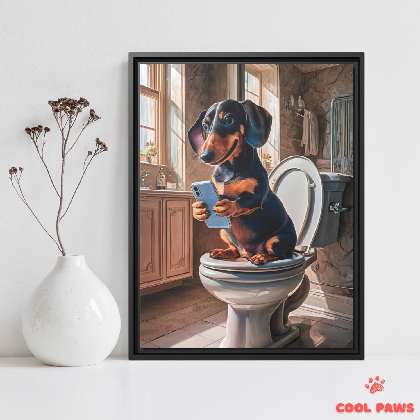 Dachshund on the Toilet with a Smartphone