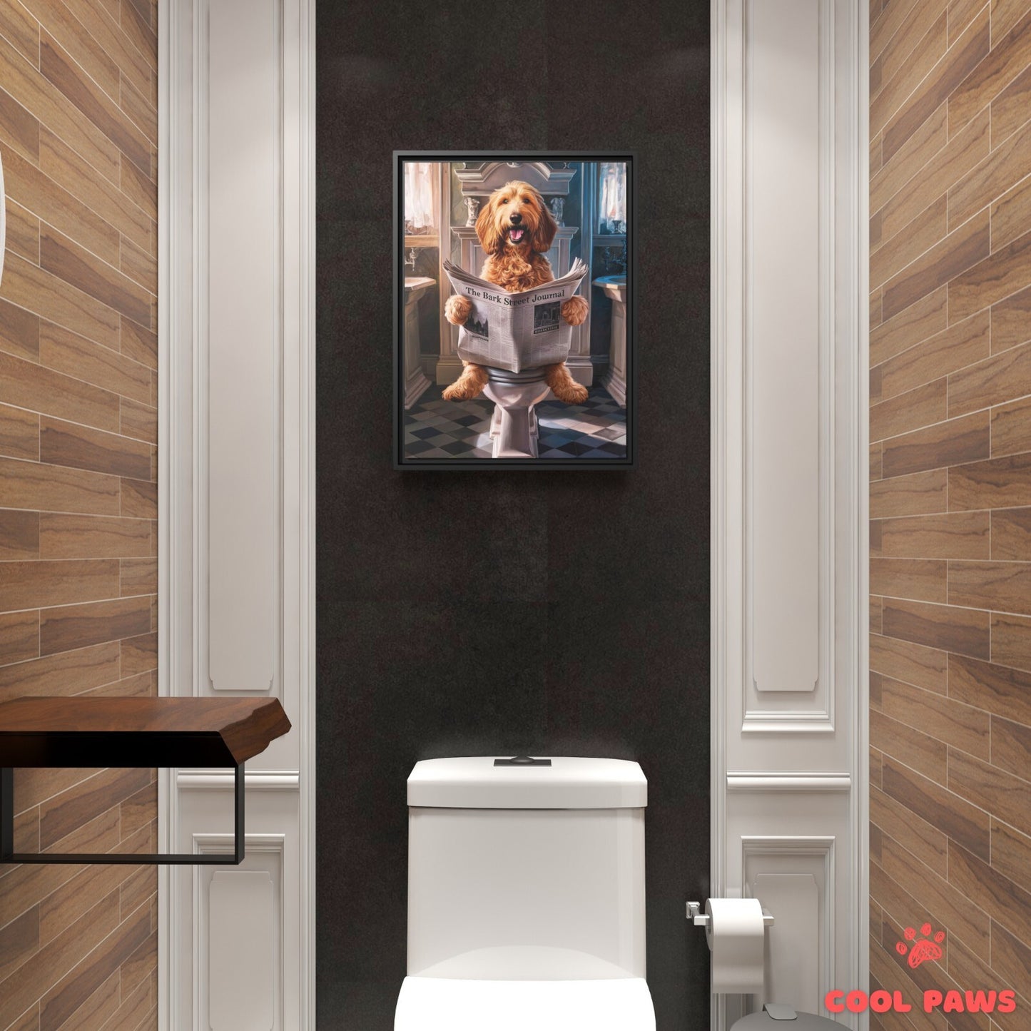 Goldendoodle Reading the Newspaper on the Toilet