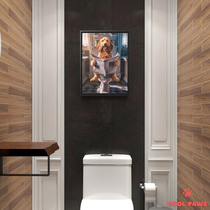Goldendoodle Reading the Newspaper on the Toilet
