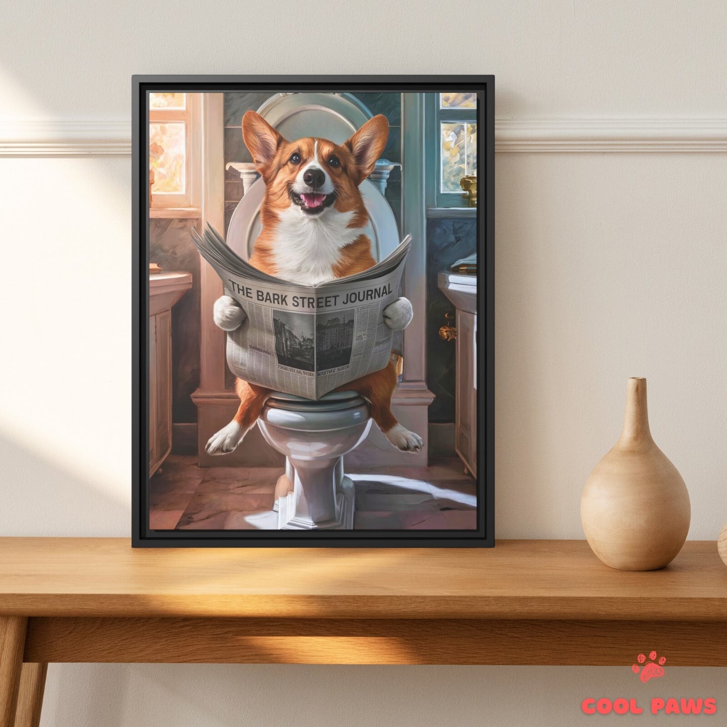 Corgi Reading the Newspaper on the Toilet