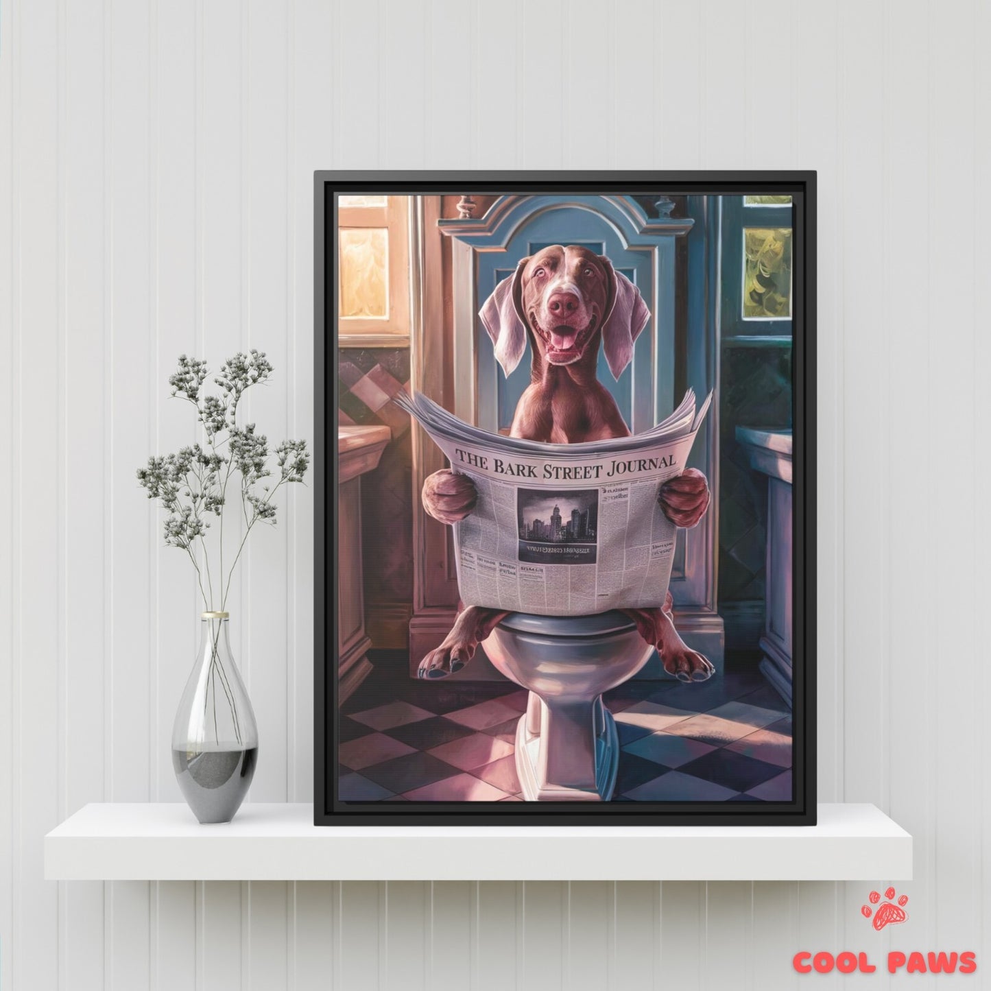 Weimaraner Reading the Newspaper on the Toilet