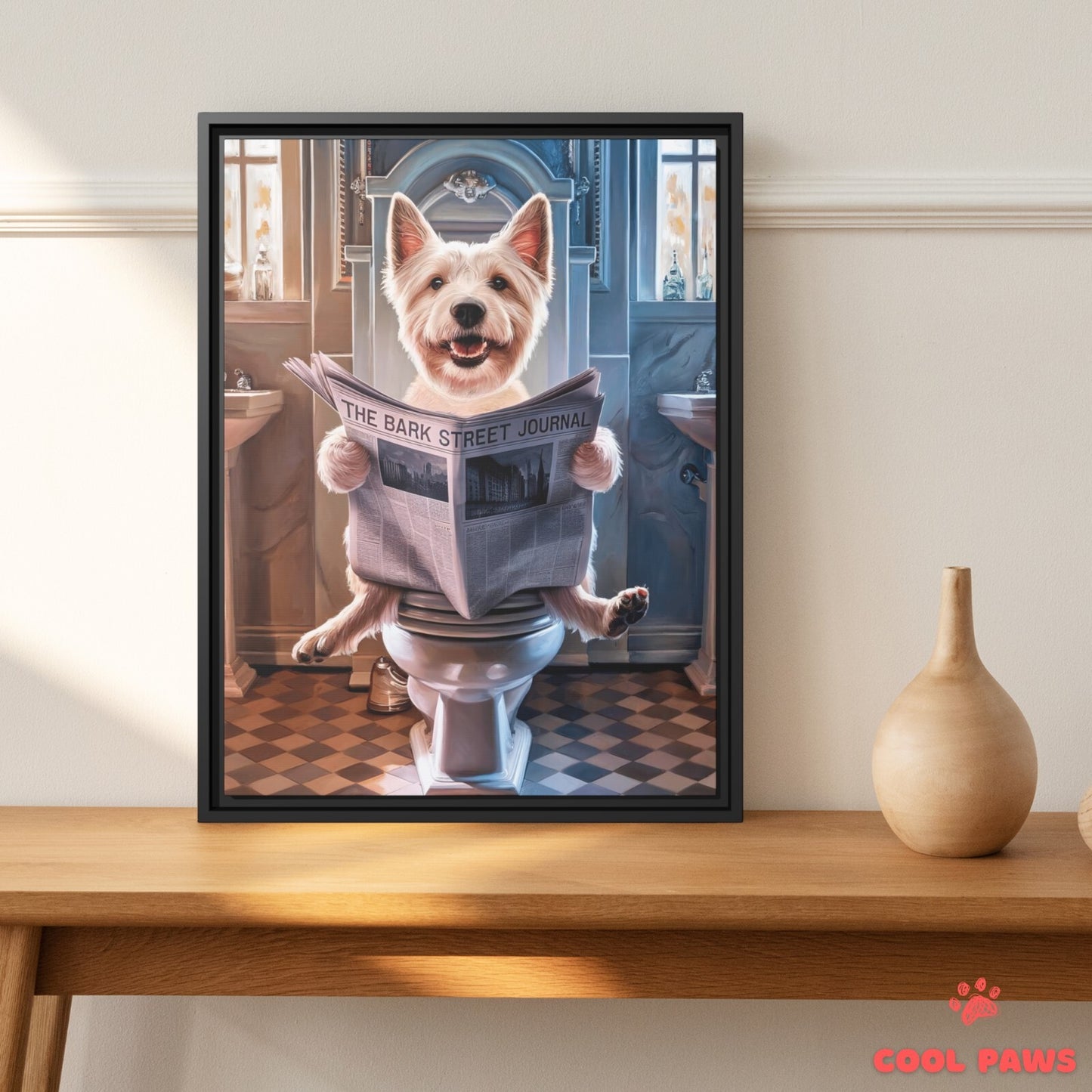 Westie Reading the Newspaper on the Toilet