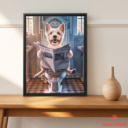 Westie Reading the Newspaper on the Toilet