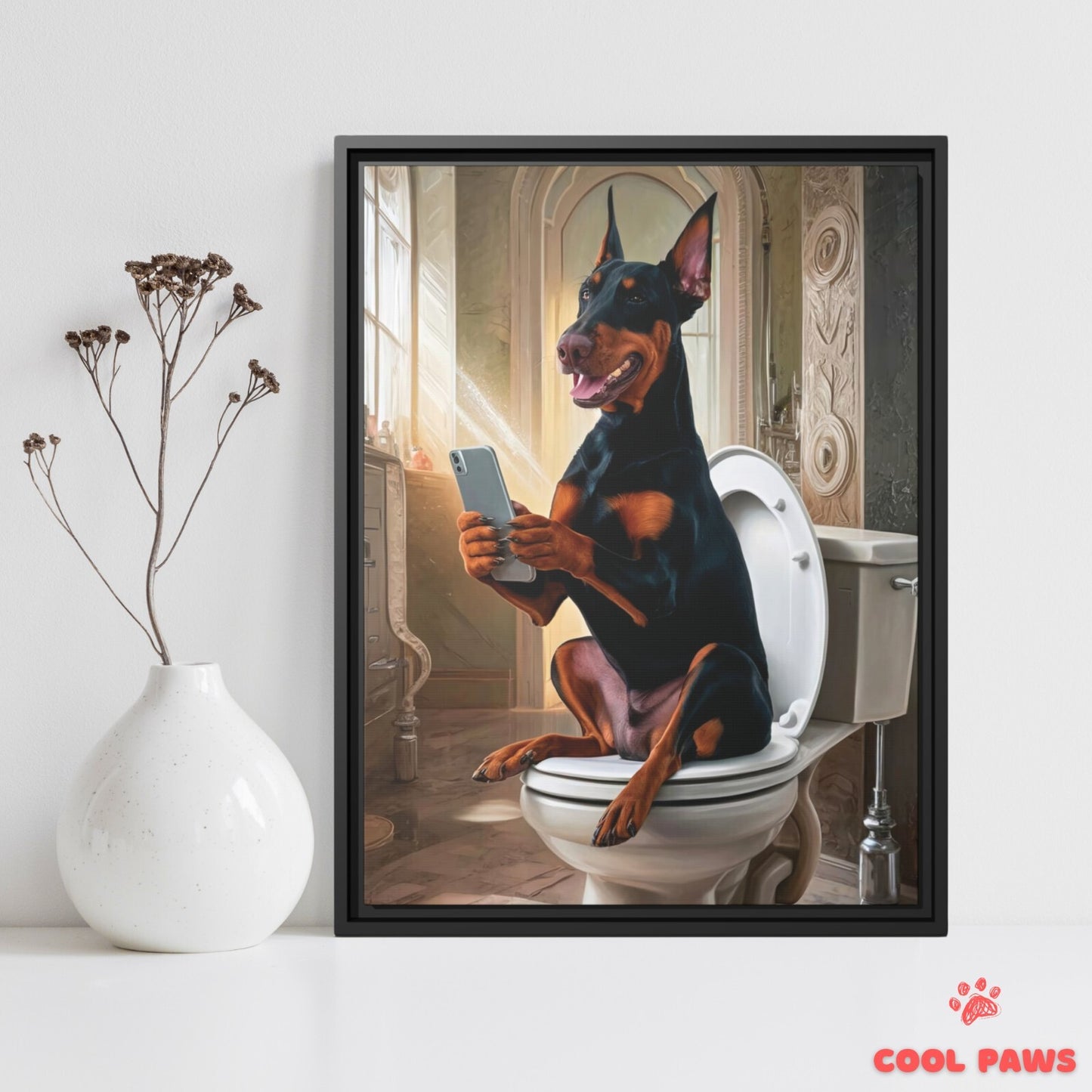 Doberman on the Toilet with a Smartphone
