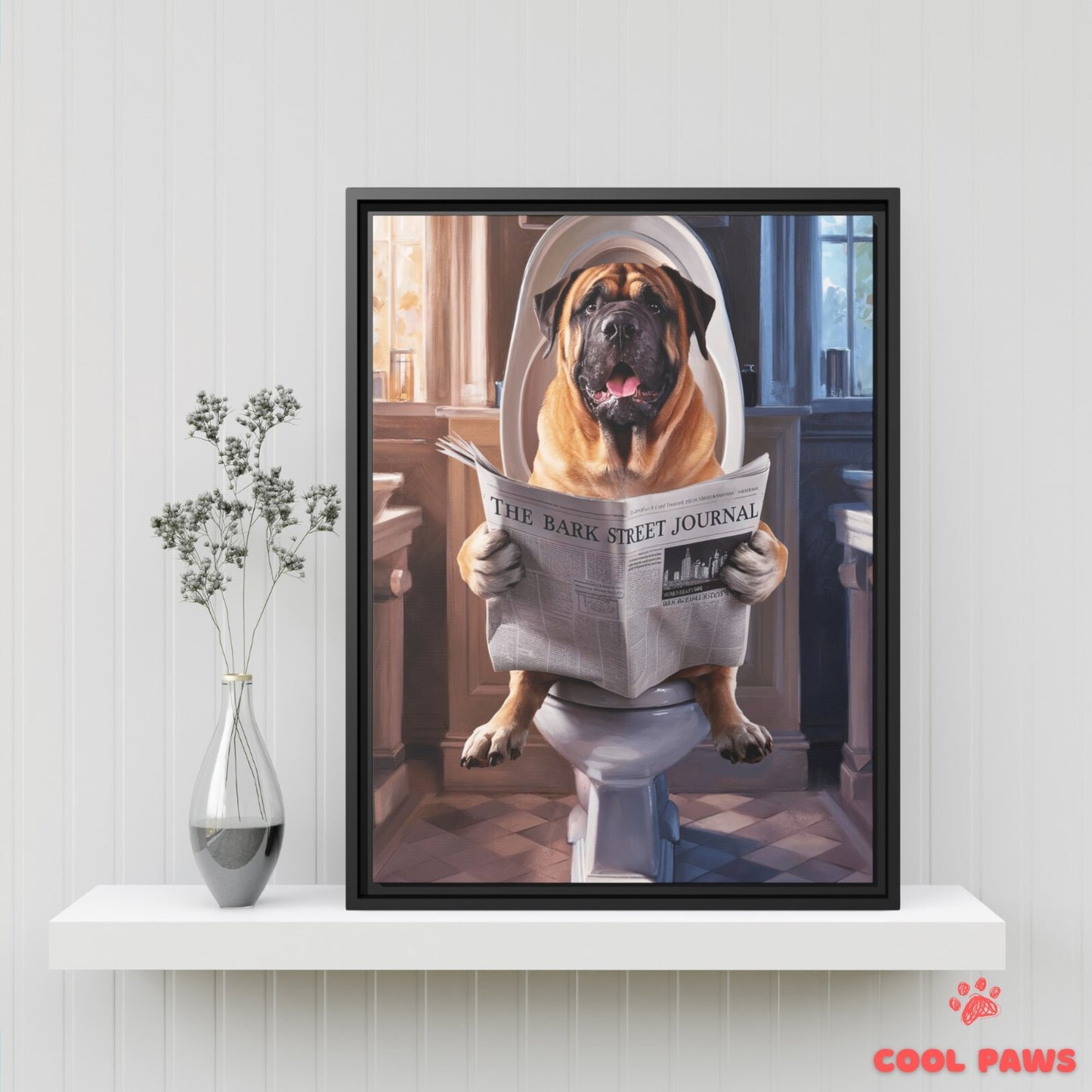 Mastiff Reading the Newspaper on the Toilet