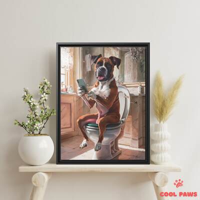 Boxer Dog on the Toilet with a Smartphone