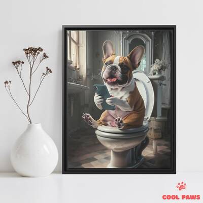 French Bulldog on the Toilet with a Smartphone