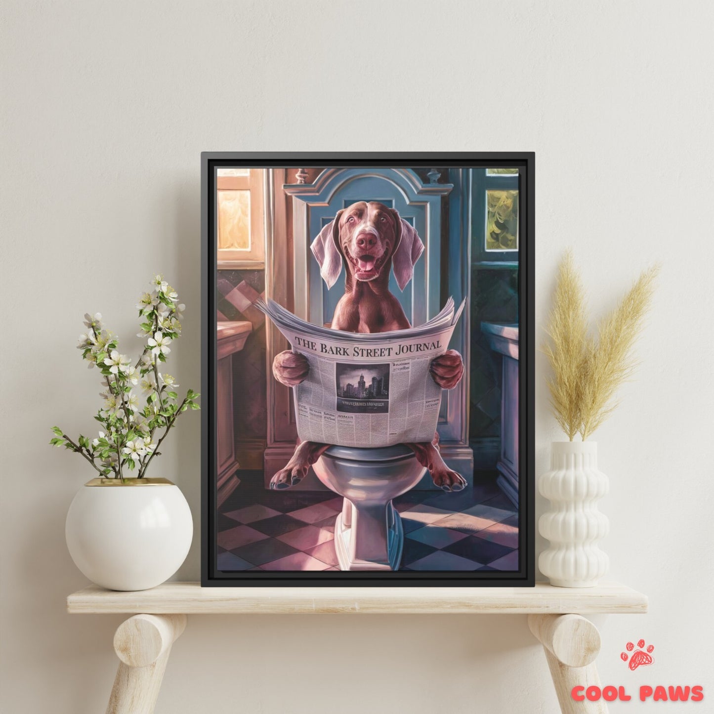 Weimaraner Reading the Newspaper on the Toilet