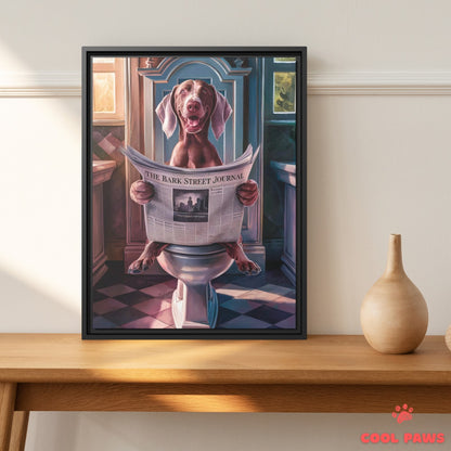 Weimaraner Reading the Newspaper on the Toilet