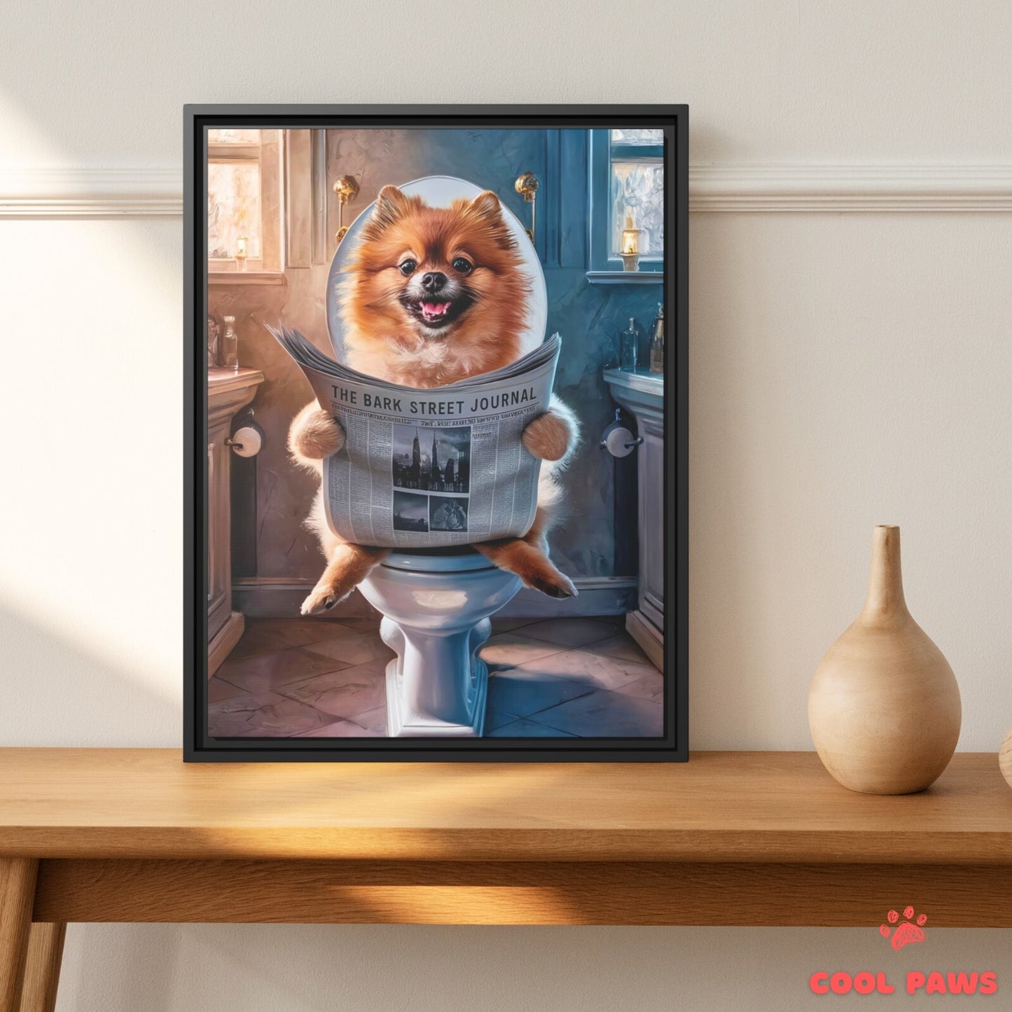 Pomeranian Reading the Newspaper on the Toilet