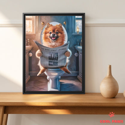 Pomeranian Reading the Newspaper on the Toilet