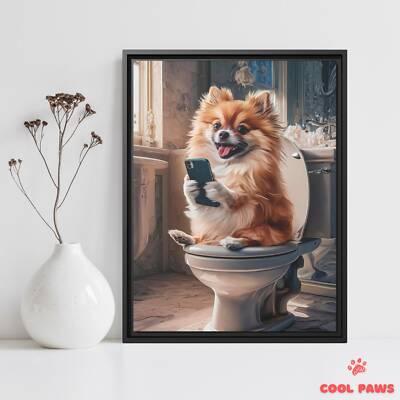 Pomeranian on the Toilet with a Smartphone