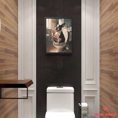 Boston Terrier on the Toilet with a Smartphone