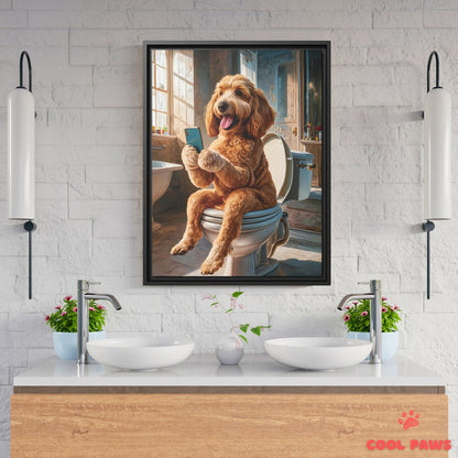 Goldendoodle on the Toilet with a Smartphone