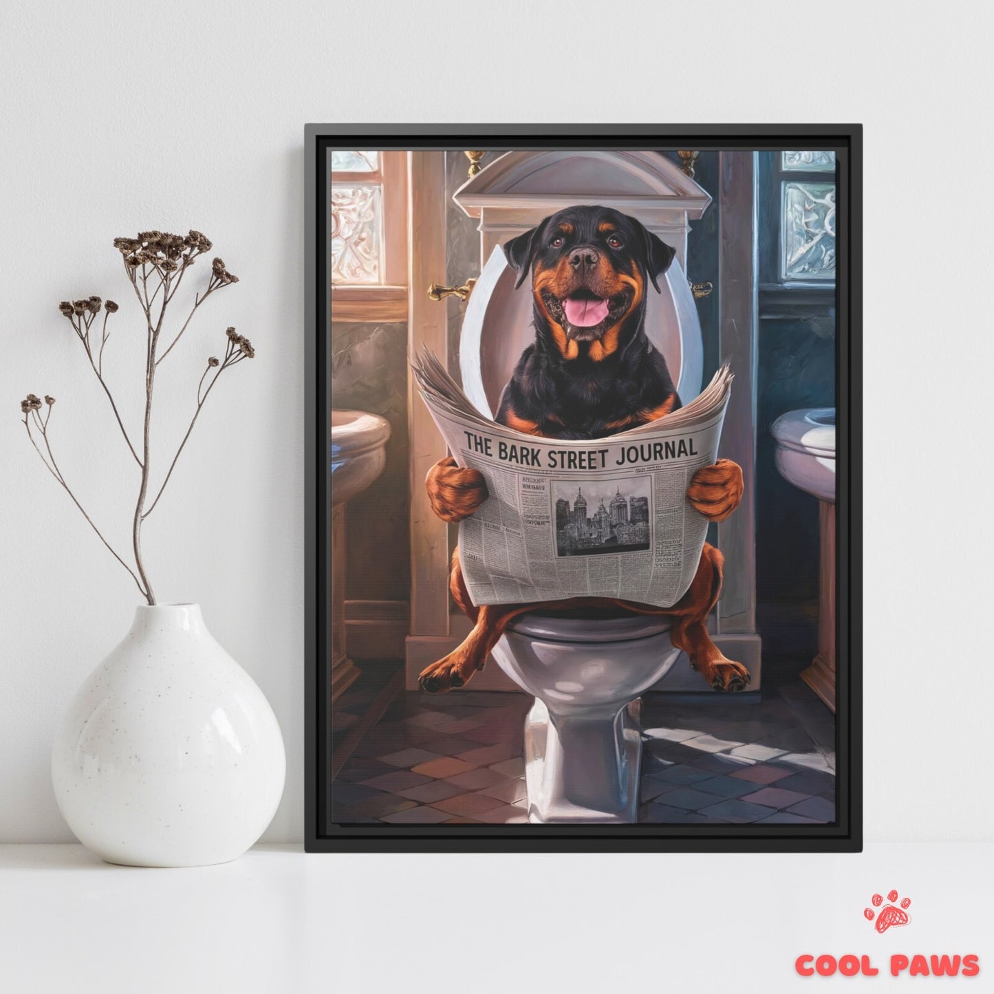 Rottweiler Reading the Newspaper on the Toilet