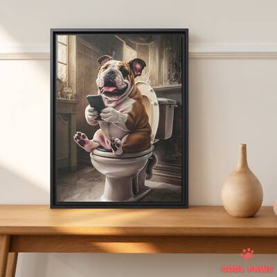English Bulldog on the Toilet with a Smartphone