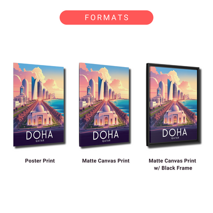 three different formats of a painting or artwork depicting the city of Doha, Qatar. The formats include a poster print, a matte canvas print, and a black frame.