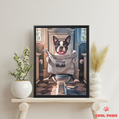 Boston Terrier Reading the Newspaper on the Toilet