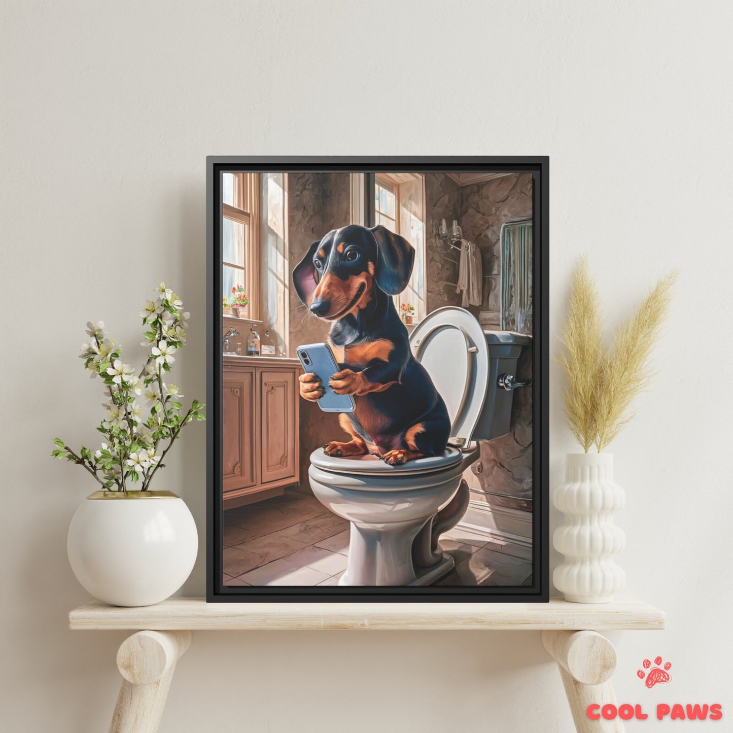 Dachshund on the Toilet with a Smartphone