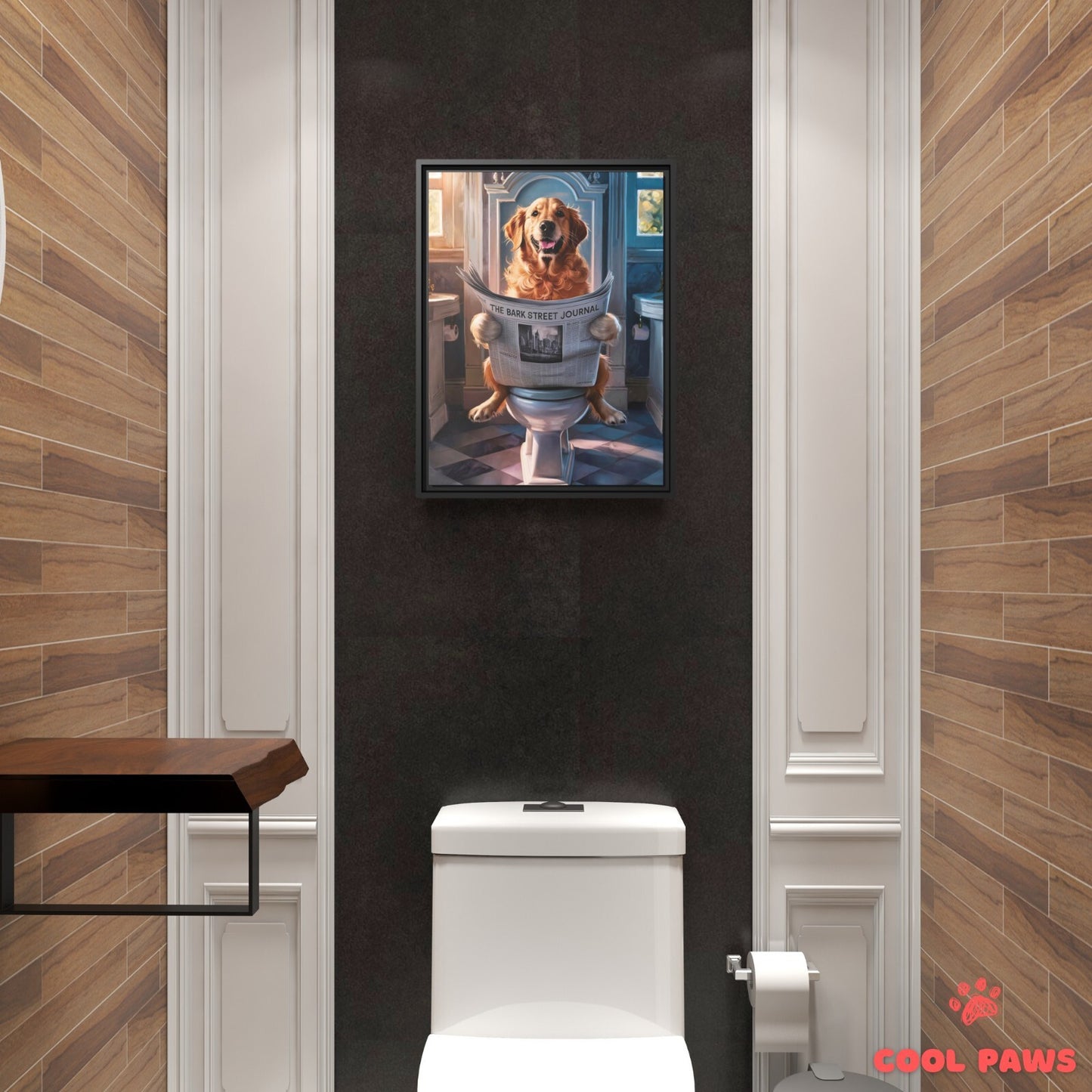 Golden Retriever Reading the Newspaper on the Toilet