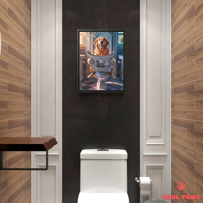 Golden Retriever Reading the Newspaper on the Toilet