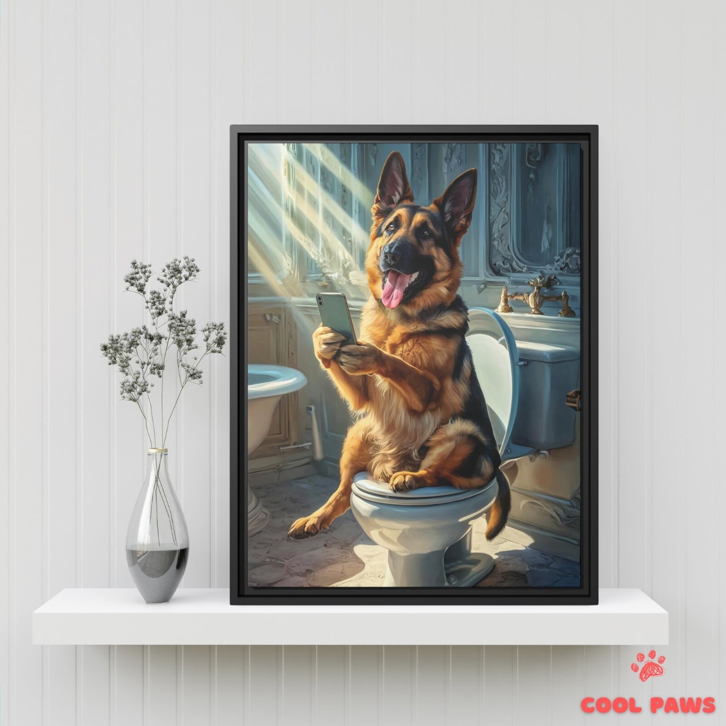 German Shepherd on the Toilet with a Smartphone