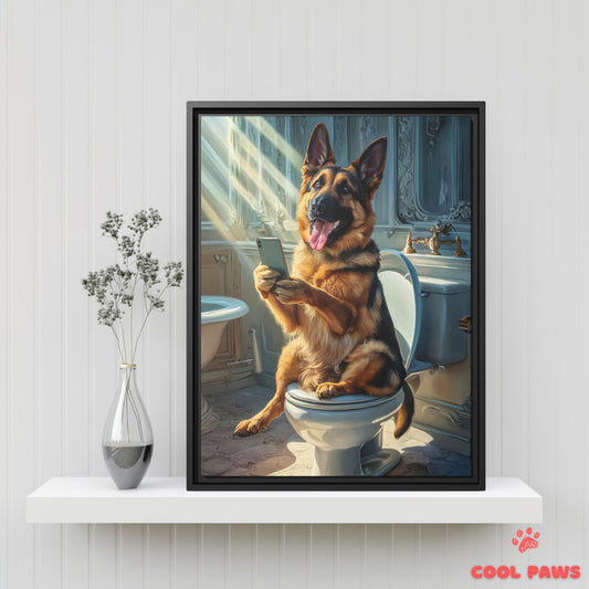 German Shepherd on the Toilet with a Smartphone