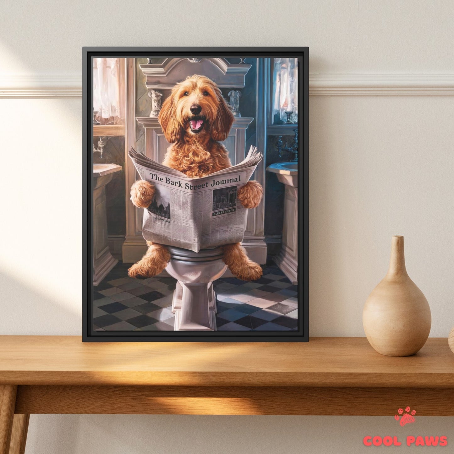 Goldendoodle Reading the Newspaper on the Toilet