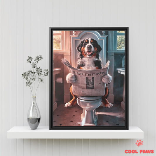 Bernese Mountain Dog Reading the Newspaper on the Toilet