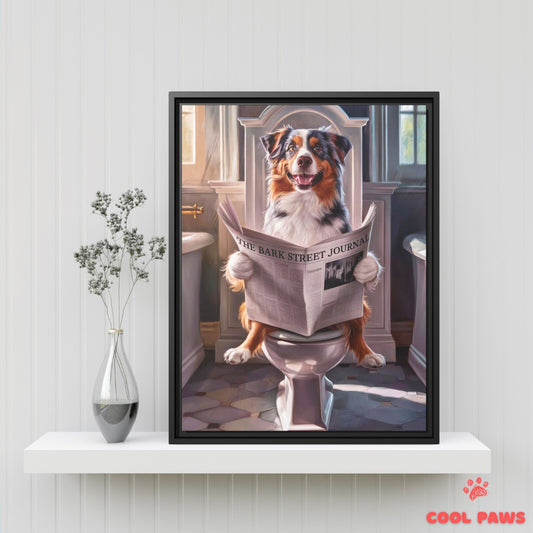 Australian Shepherd Reading the Newspaper on the Toilet