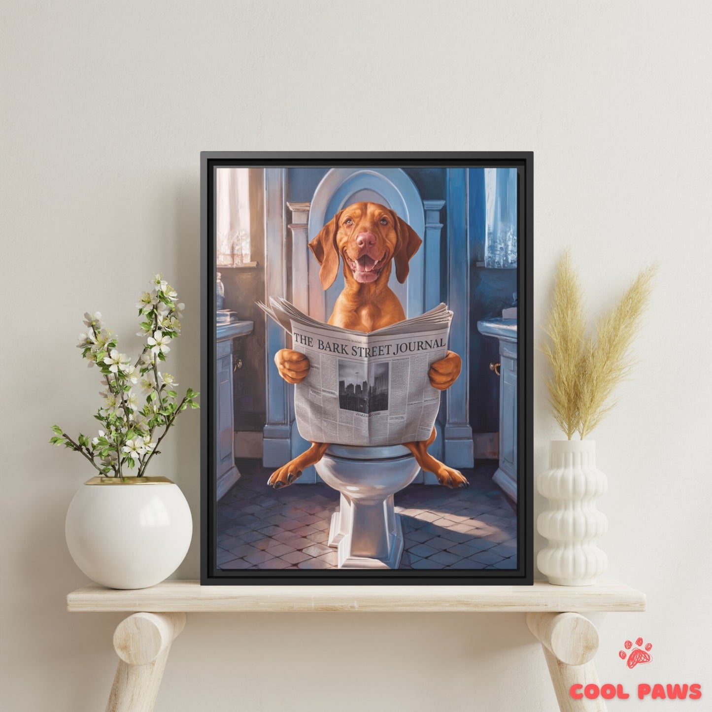 Vizsla Reading the Newspaper on the Toilet