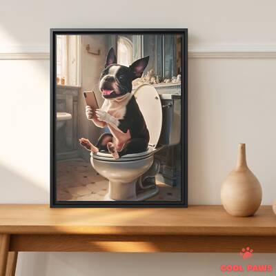 Boston Terrier on the Toilet with a Smartphone