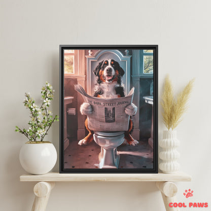 Bernese Mountain Dog Reading the Newspaper on the Toilet