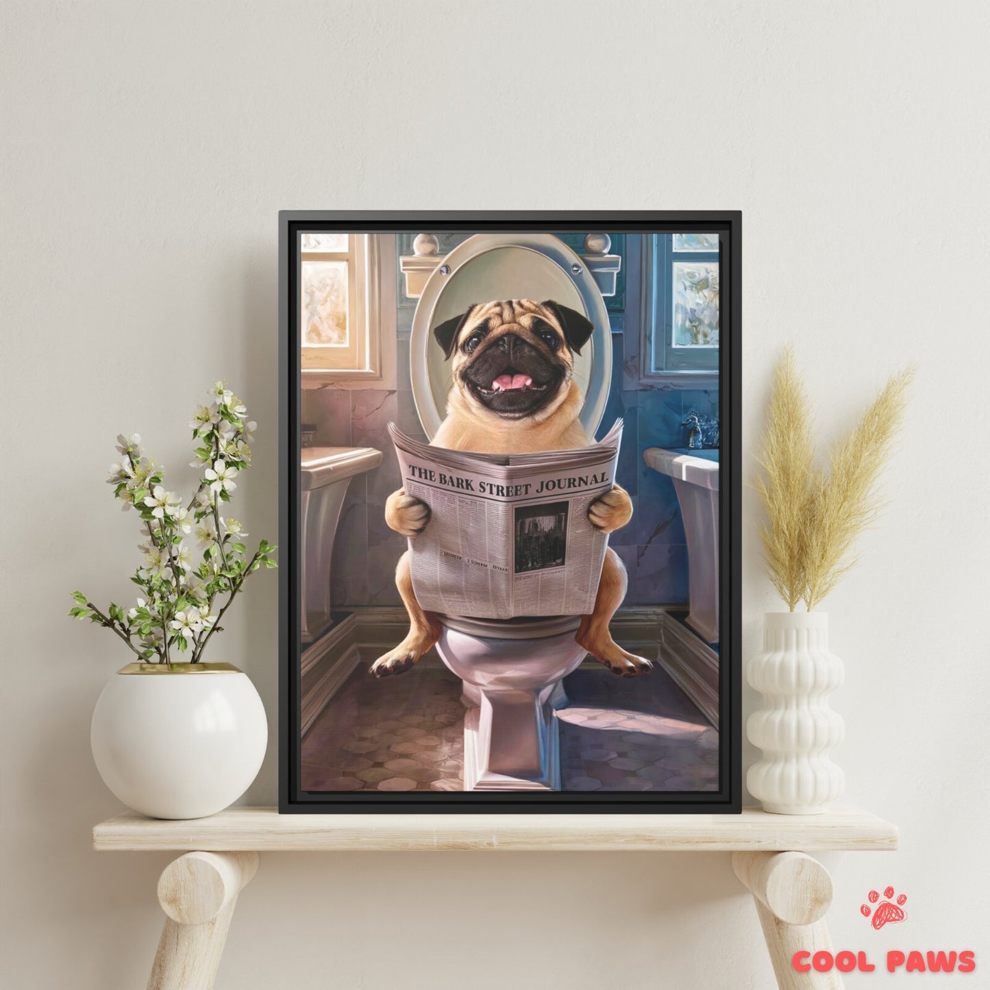 Pug Reading the Newspaper on the Toilet