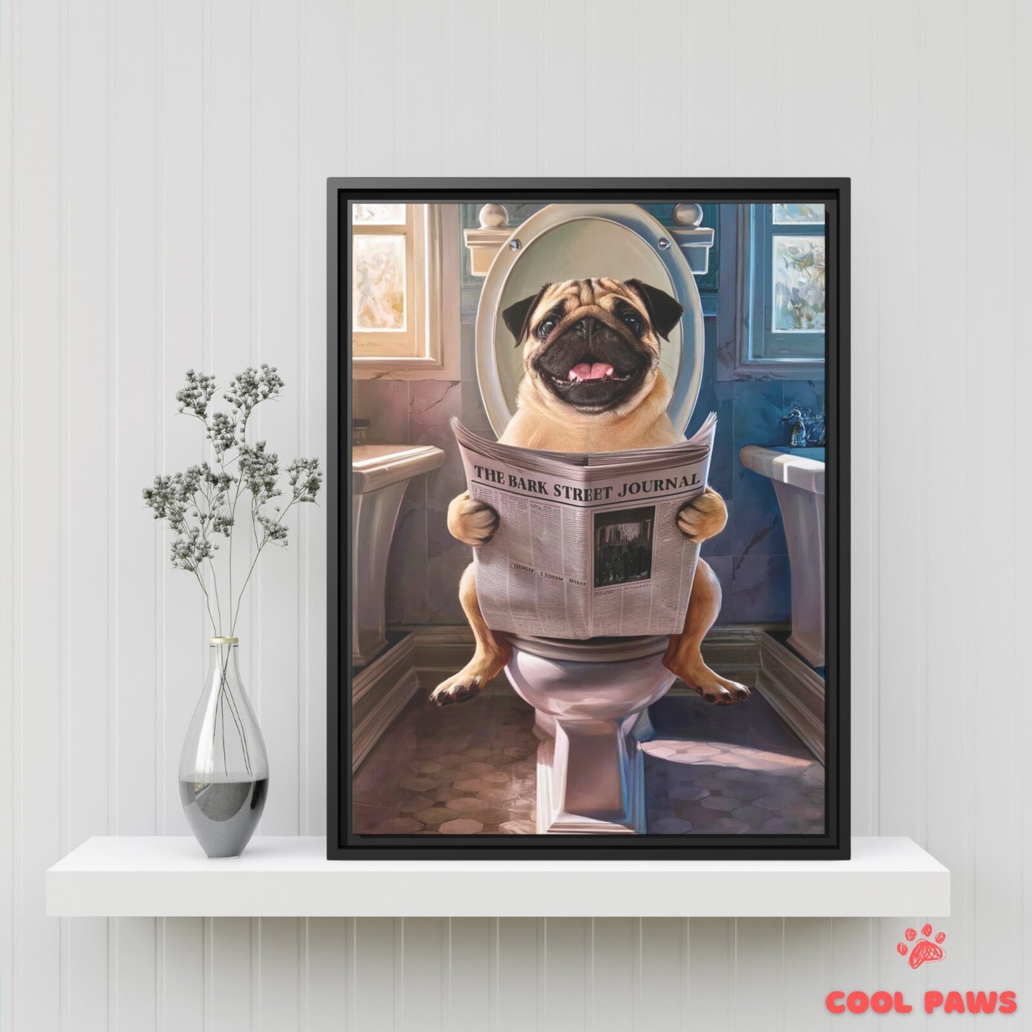 Pug Reading the Newspaper on the Toilet